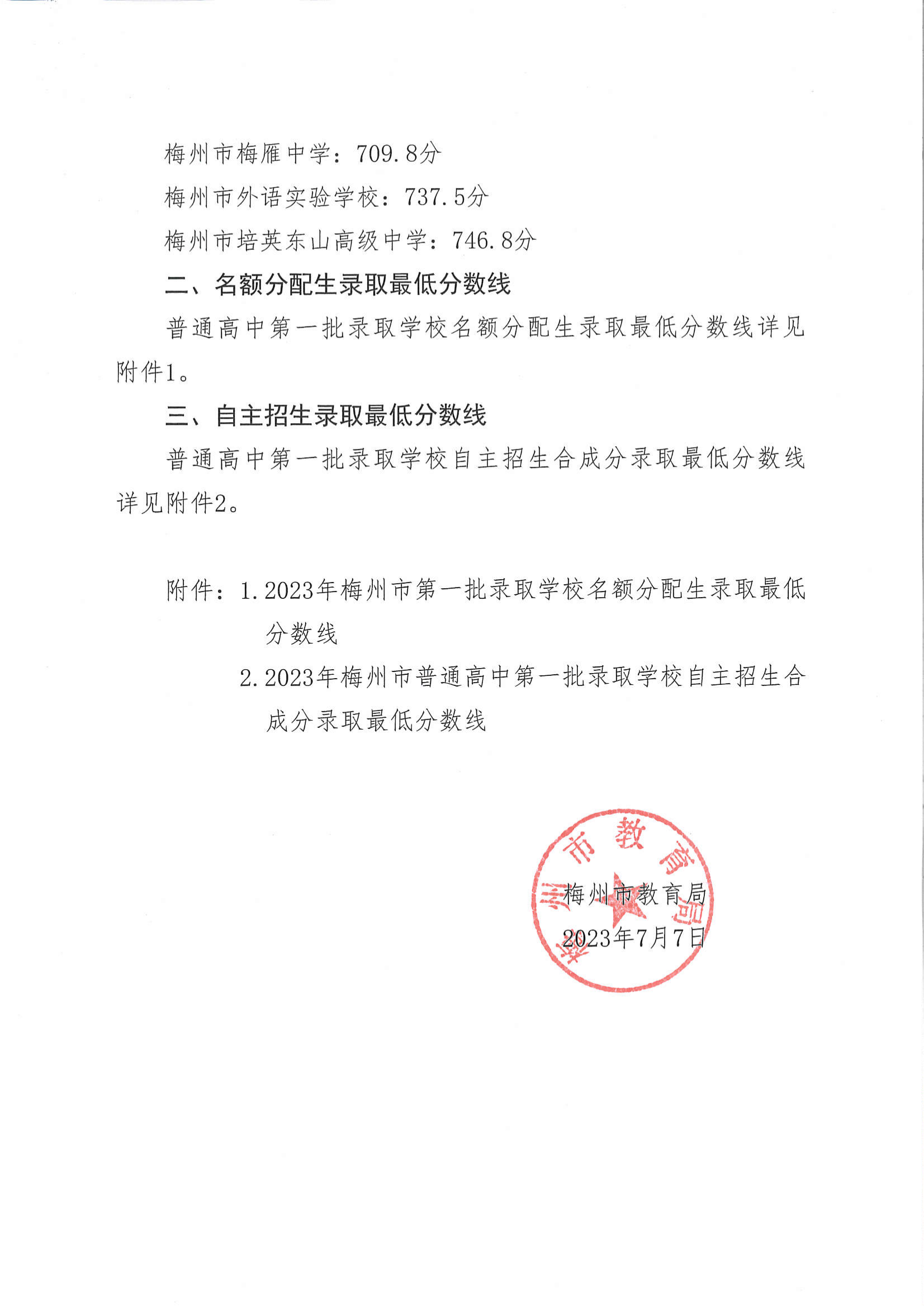 关于公布梅州市2023年高中阶段学校第一批录取分数线的通知_01.png